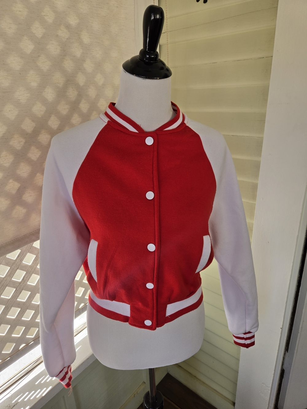 Women's Red and White Varsity Bomber Jacket - Sporty Casual
